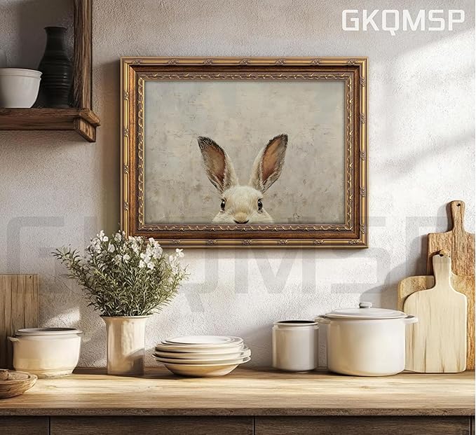 Vintage Gold Framed Wall Art Bunny canvas wall decor Easter Bunny Painting Prints Funny Rabbit Ears Picture Poster Retro Animals Artwork for Easter Decor Kids Room Home Living Bedroom 16x24in