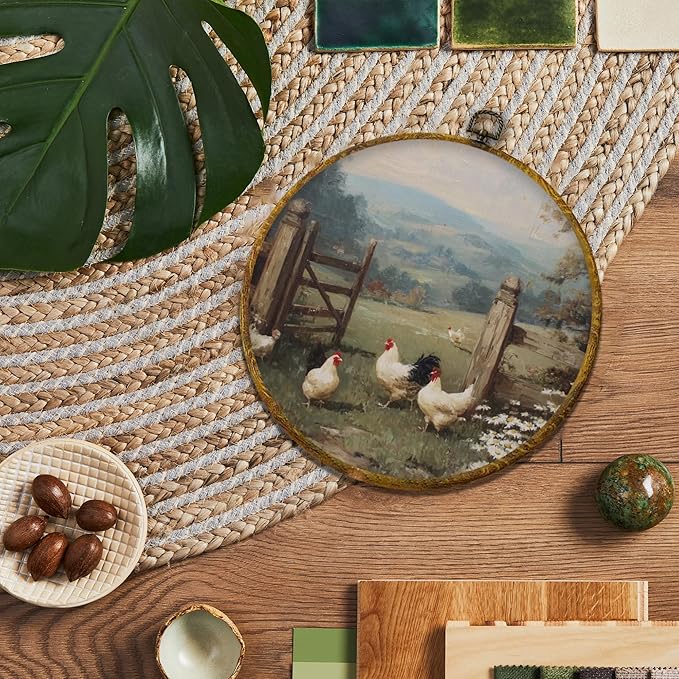 shiviody Vintage Farmhouse Chicken Canvas Wall Art Decor, Rustic Cottagecore Countryside Chicken Farm Animals Landscape Round Hanging Frame Prints Decorations for Home Bedroom Living Room 10"x10"