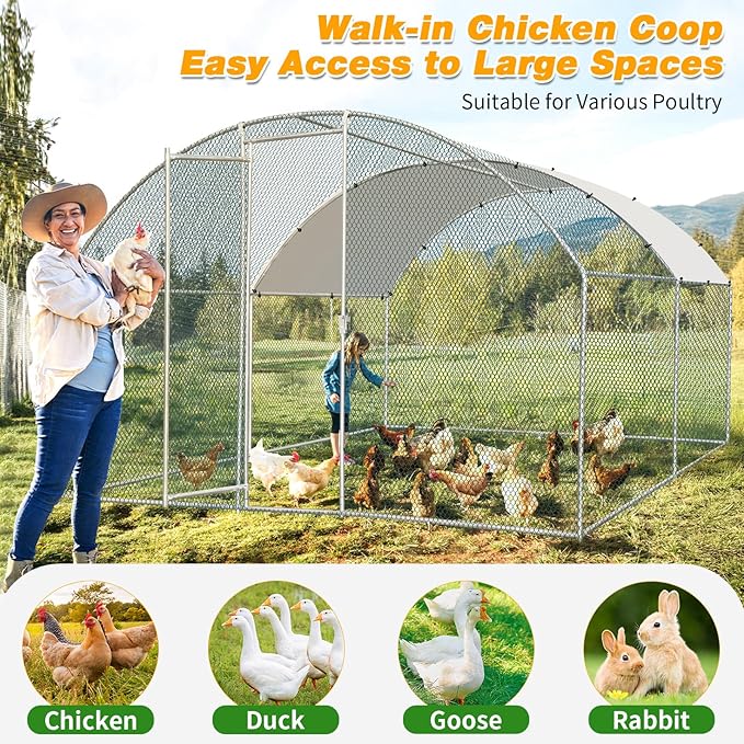 VINGLI Large Metal Chicken Coop, 13.1x9.8 6.5 ft Poultry Cage for Chicken Run, Walk-in Chicken Pen with Waterproof & Anti-UV Cover for Yard Outdoor (Silver-Dome Roof)