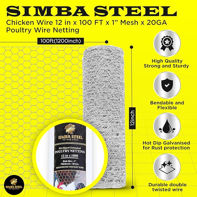 Chicken Wire 12 in x 100 FT x 1” Mesh x 20GA | Poultry Wire Netting | Hot Dipped Galvanised | Hexagonal Galvanized Mesh for Chicken Coop, Rabbit Fence (PM 12 x 100)