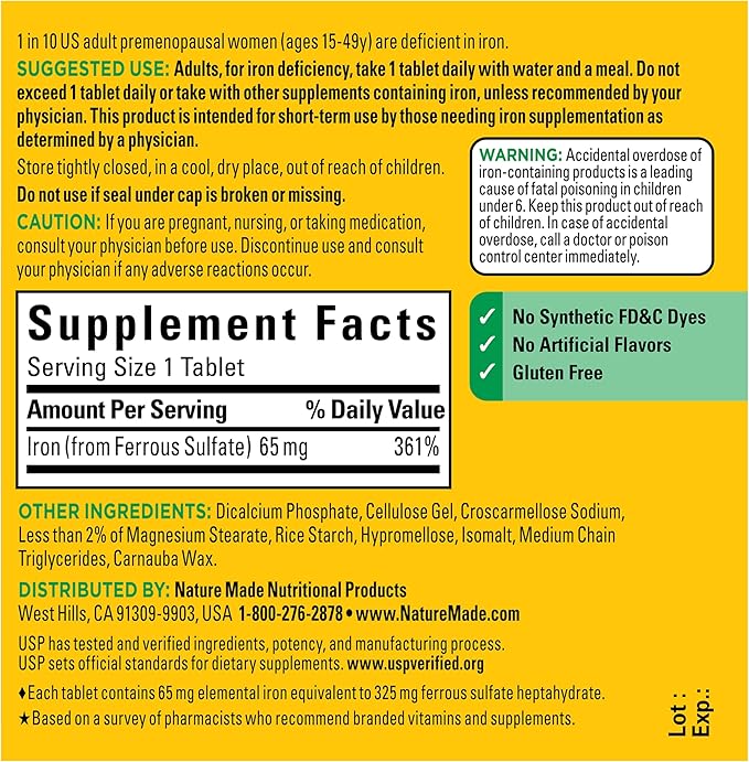 Nature Made Iron 65 mg (325 mg Ferrous Sulfate) Tablets, Iron Supplements, Dietary Supplement for Red Blood Cell Support, 180 Tablets, 180 Day Supply