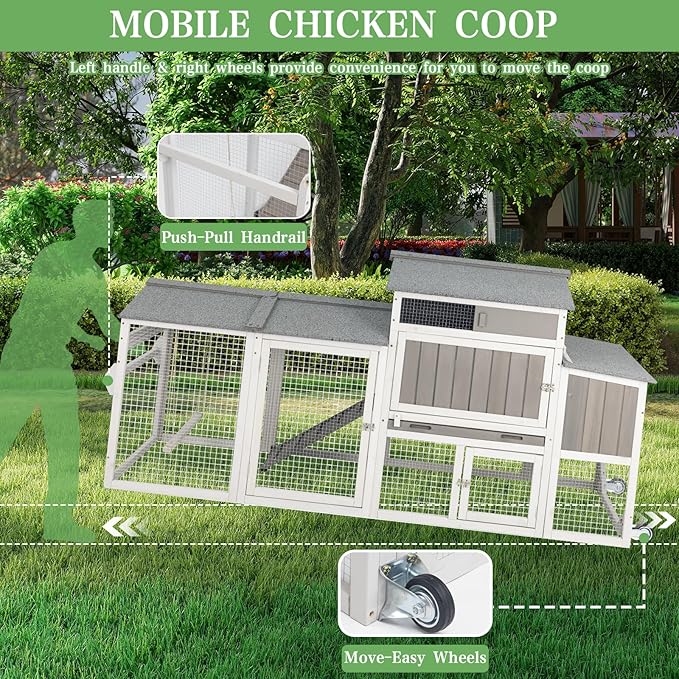 Chicken Coop Mobile Wooden Hen House with Nesting Box,166.4" L Outdoor Chicken House with 4 Wheels and Removable Tray,Fir Wood Chicken Tractor with 12 Ventilation Doors and 2 Ramps,Grey