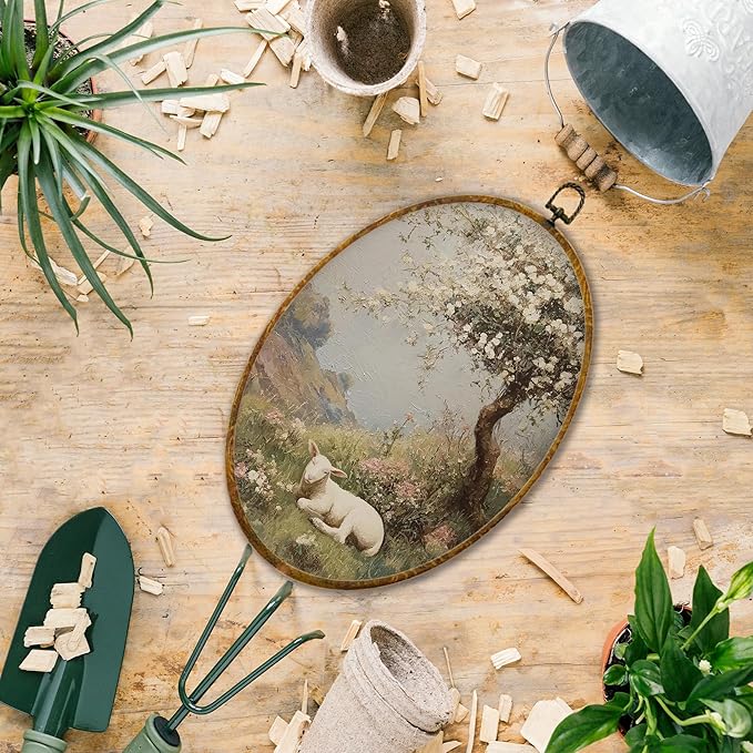 Hiuwevt Vintage Easter Lamb Oval Wall Art Decor, Rustic Farmhouse Lamb Framed Canvas Prints, Cottagecore Spring Landscape Easter Oval Wall Hanging Decor for Home Bedroom Decorations, 8.6x11.4 Inches