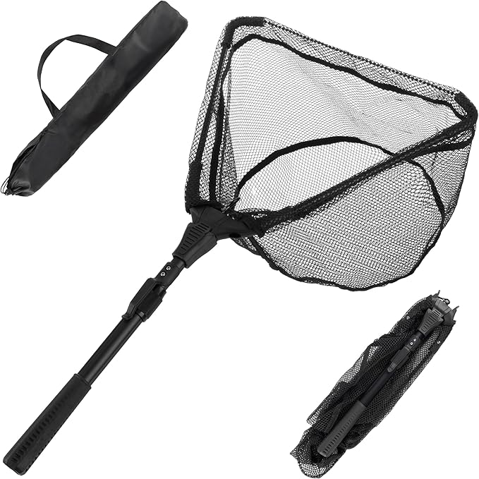 Fly Fishing Net with Handle - Soft Mesh Catch and Release Rubber Fly Fish Net with Lightweight Wood Frame and Safety Lanyard - Landing Bass and Trout Fishing Gear by Wakeman Outdoors