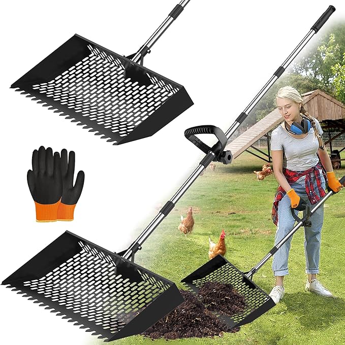 15 inches Large Chicken Poop Scooper & Rake 2-in-1, Adjustable Chicken Coop Pooper Shovel (37 to 77"), Sifting Litter Shovel Scoop for Chicken Coop/Goat Stall/Stable Cleaning Tool