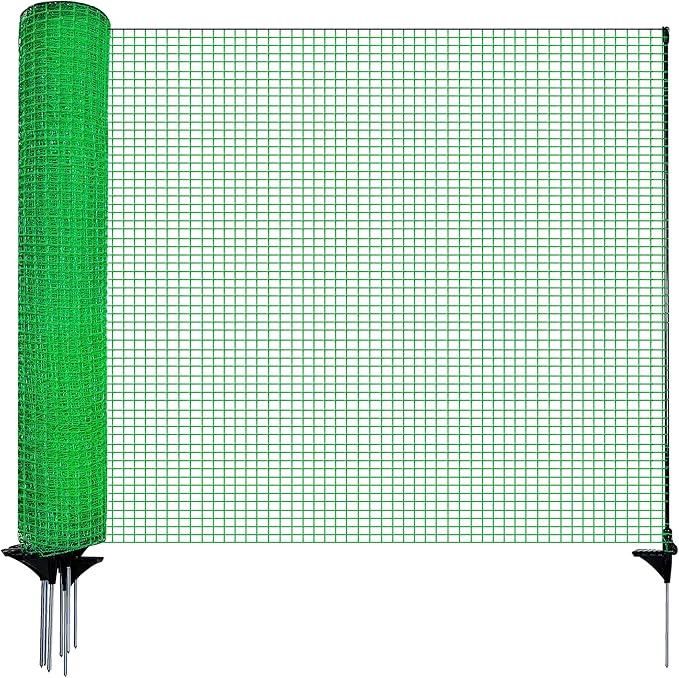 Temporary Fence with Step in Stakes,3‘x50’ Safety Barrier for Dog Snow Plastic Mesh Fencing with Fiberglass Post Windbreak Rope,Movable Fencing Roll for Garden Backyard Outdoor Animal Protect