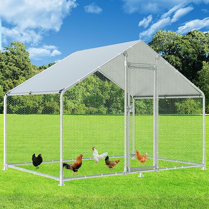 HITTITE Large Metal Chicken Coop with Run, 9.84 x 6.4 x 6.56 ft Walk in Poultry Cage Chicken Run Pen, Outdoor Chicken Runs for Yard with Waterproof & Anti-UV Cover