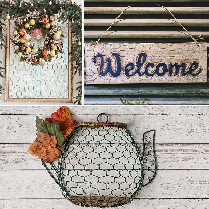 Aboofx Chicken Wire for Floral Arrangements 118 x 15.7 Inch Green Mesh Chicken Wire with 50 Zip Ties and 1 Pair of Glove Hexagonal Galvanized PVC Coated Netting Fence for Crafs Poultry Garden