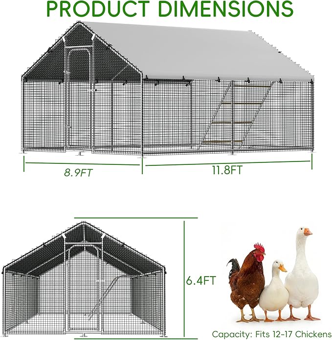 Large Metal Chicken Coop Run with Roosting Perch, Outdoor Poultry Cage with Heavy Duty Wire Mesh and UV-Resistant Cover for Chickens Use, Spire Roof (8.9'W x11.8'L x 6.6'H)