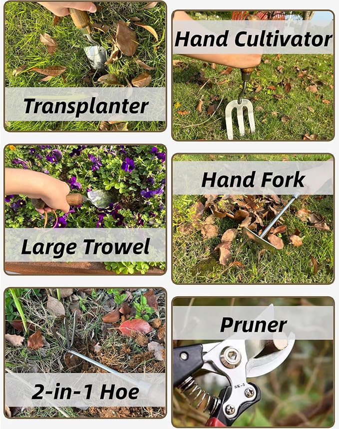 Garden Tool Set, 6PCS Heavy Duty Stainless Steel Gardening Hand Tools with Ropes, Includes Hand Cultivator Shovel Trowel Transplanter 2-in-1 Hoe Pruner Ideal Gardening Gifts for Women Men (Upgrade)