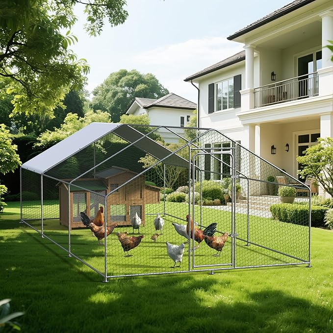 Metal Chicken Coop with Cover for Yard Large Walk-in Chicken Runs for 30 Chickens with Galvanized Steel Frame for Outdoor Heavy Duty Spire Roof Poultry Cage for Hen Duck Rabbits Goose Puppy