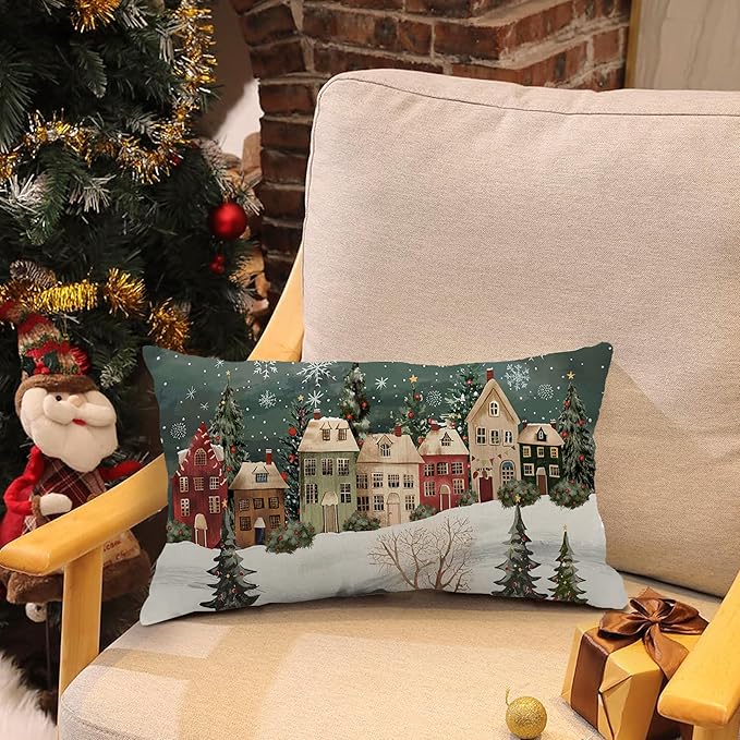 Christmas Lumbar Pillow Cover 12x20 Inch Green Wonderland Forest Tree House Decoration Holiday Farmhouse Pillow Case Decor for Home Sofa Couch