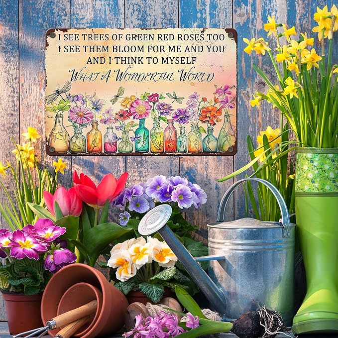 PEACHGARDEN Vintage Dragonfly Tin Sign What A Wonderful World Outdoor Garden Decor Gifts for Women House Kitchen Entryway Wall Art 8x12inch