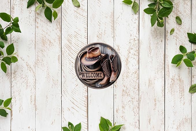 CSWLJS Man Cave Room Decor Cowboy Welcome Metal Tin Sign 8x8 In Durable Indoor/Outdoor Gift Vintage Wall Art Decor