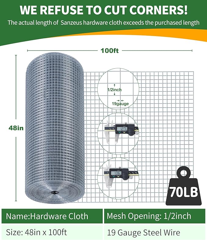 Hardware Cloth,1/4inch 48inx100ft 23 Gauge,Double-Layer Hot-Dip Galvanizing After Welding,Chicken Wire Netting Garden Wire Fencing Rabbit Snake Fence Chicken Coop Plant Supports