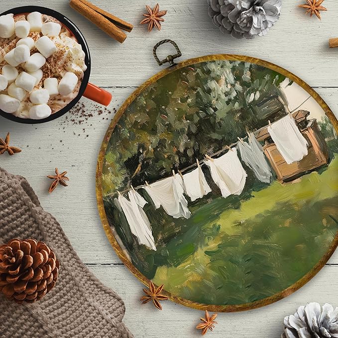 CUANFDDSF Vintage Rustic Farmhouse Round Wall Art, Country Laundry Day Framed Hanging Wall Decor, Retro Cottagecore Landscape Canvas Prints Decorations for Washroom Bathroom Laundry Room, 10x10 Inch