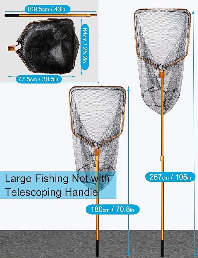 Beoccudo Extra Large Saltwater Fishing Net - 70.8"-105" Heavy Duty Telescopic Aluminum Handle, 37" Deep Snag-Free Rubber Mesh for Big Catfish Bass, Kayak Fishing Net with Carrying Bag