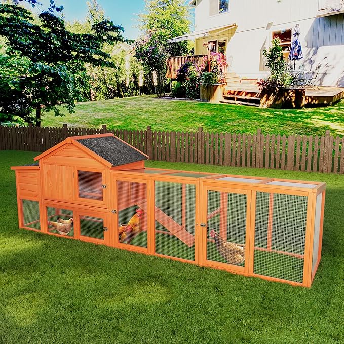 Large Wooden Chicken Coop with Enclosed Run & Nesting Box Outdoor Hen House with Asphalt Roof Removable Tray Ramp Perch Secure Locks for 2–4 Chickens (Natural)