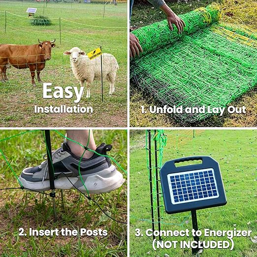 Electric Fence Netting, 49.6" H x 164'L Portable Livestock Nets for Cattle, Sheep, Goat, Hogs, Larger Animals, Electric Fencing with 14 Pre-Assembled Double-Spiked Posts for Backyards, Ranches, Farms