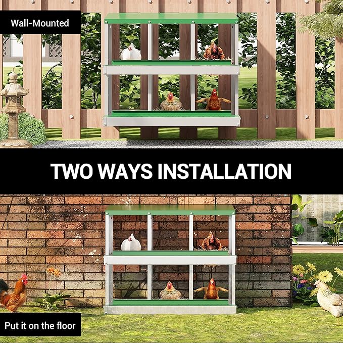 Heavy Duty Galvanized Metal Chicken Nesting Box - Rustproof Egg Laying Box for Hens with Slanted Roof, Rollout Design - Wall Mount or Freestanding Poultry Nest for Chicken Coop (6-Hole)