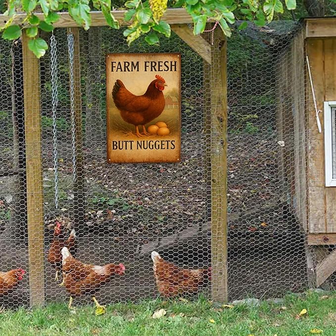 Funny Chicken Coop Metal Signs, Farm Fresh Butt Nuggets Sign, Chicken Mom Gifts for Women, Farmhouse Wall Art Decor for Barn, Garden, Outdoor, Kitchen - 8x12 Inch