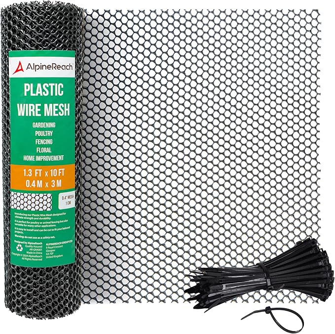 AlpineReach Plastic Wire Mesh 1.3ft x 10ft Fence Roll with Zip Ties - Ideal for Poultry, Dogs, Rabbit Barrier & Gardening, Durable Chicken Mesh, Versatile Rigid Fencing & Netting, Black (15.7" x 120")