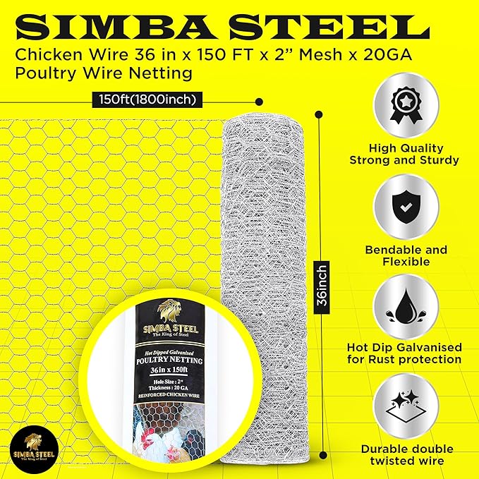 Chicken Wire 36 in x 150 FT x 2” Mesh x 20GA | Poultry Wire Netting | Hot Dipped Galvanised | Hexagonal Galvanized Mesh for Chicken Coop, Rabbit Cage, Fence Barrier PM36x150x2