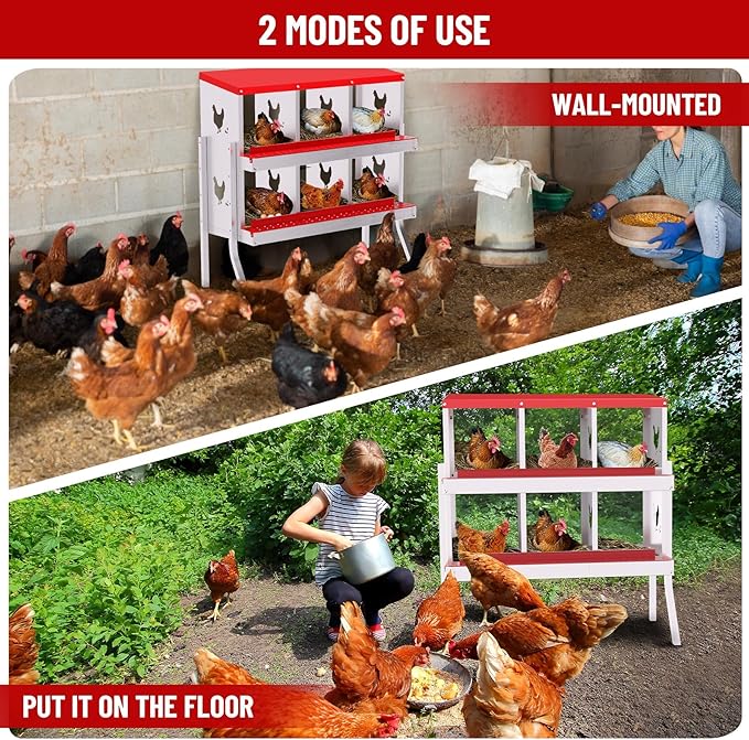 Chicken Nesting Boxes,6 Compartments Galvanized Steel Metal Laying Boxes with Leg,Pull-Out Egg Box Easy Egg Collection & Clean,Wall Mount Suitable for Farm Chicken House,Red
