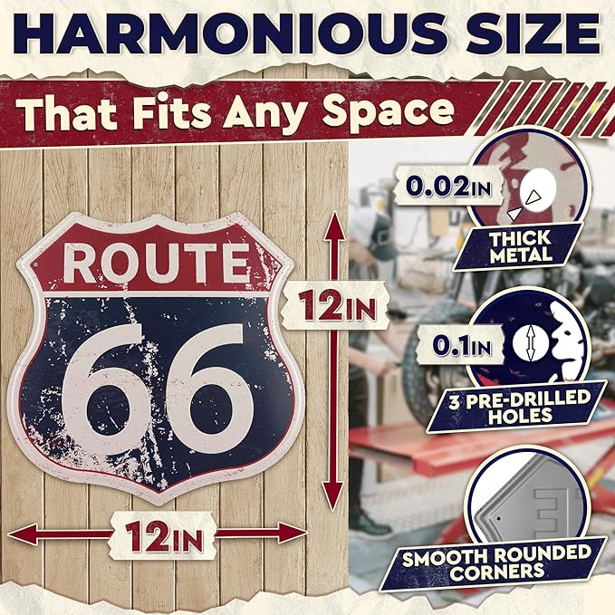 Route 66 Sign - Easy to Hang Tin Signs Vintage Style 12×12 Inch | Route 66 Decor For Bedroom, Man Cave, Garage, Workshop, Bar, Cafe - Retro Road Signs Cars Wall Decor for Gifting and Party Decoration