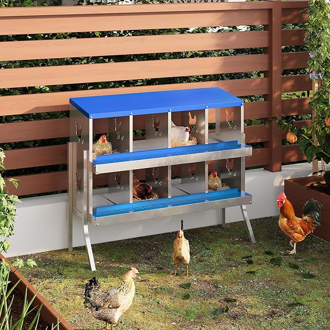 Chicken Nesting Box,8 Compartments Galvanized Steel Metal Chicken Laying Box with Roll Out Egg Collection,Wall Mount Chicken Nesting Boxes,Easy Egg Collection, Hen Roosting Boxes