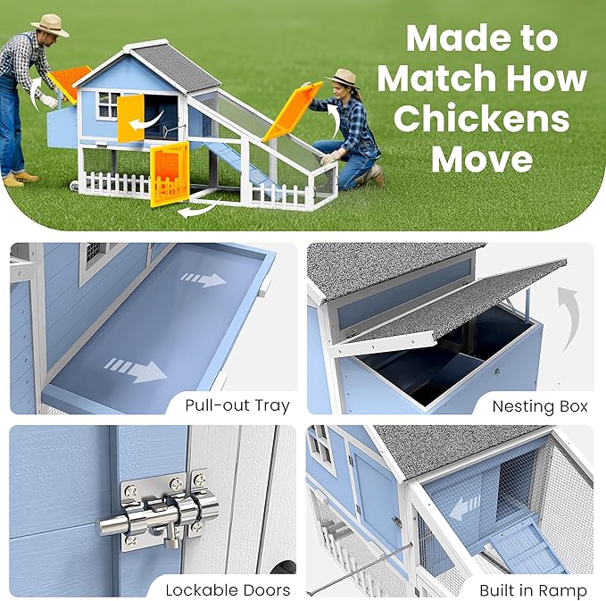 Weatherproof Wooden Chicken Coop – Indoor & Outdoor Walk-in Hen House with Run, Nesting Box, and Pull-Out Tray – Portable Backyard Poultry Cage for Easy Cleaning and Predator Protection