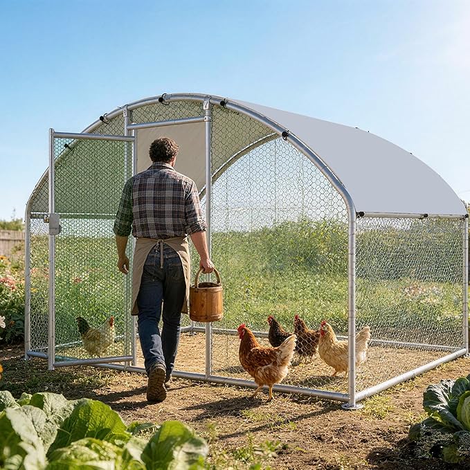 Large Metal Chicken Coop, Chicken Runs for Yard with Cover Walk-in Poultry Cage for 8 10 16 Chickens,Chicken Pen Duck Coop with Round Water-Resident Top and Feeding Door,Hen House 6.4Lx9.84Wx6.23'H FT