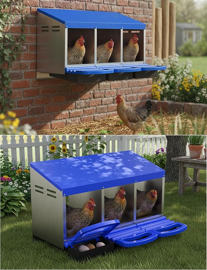Chicken Nesting Box 3 Hole, Galvanized Steel Nest with Roll Away Egg Collection & Swing Perch, Easy-Clean Laying Box for Hens, Heavy Duty Design for Chicken Coop