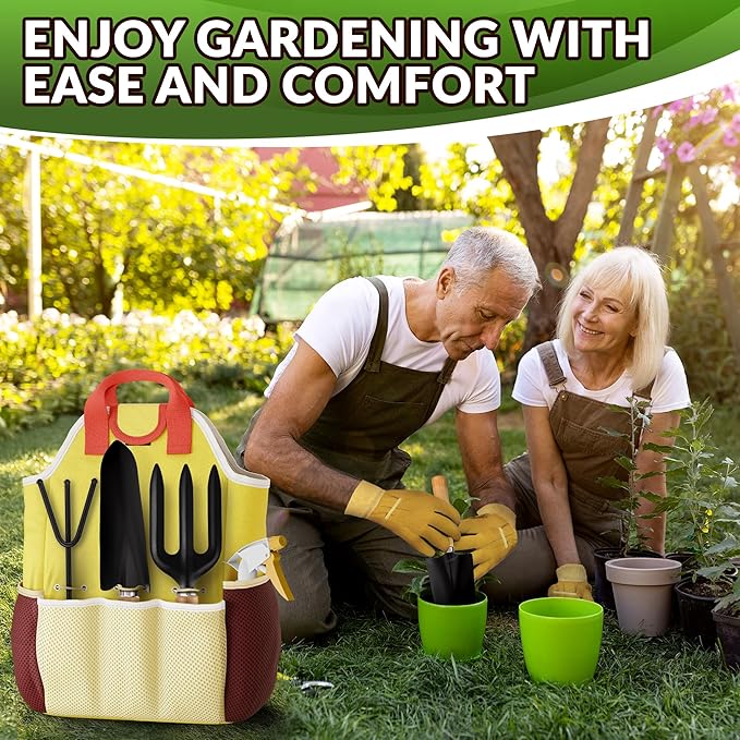 Compact Gardening Tool Set of 9 - Mini Garden Kit for Women with Multiple Pockets, Rust-Proof Steel Planting Tools for Gardeners - Portable Garden Tool Bag, Outdoor and Indoor Gardening Kit for Women