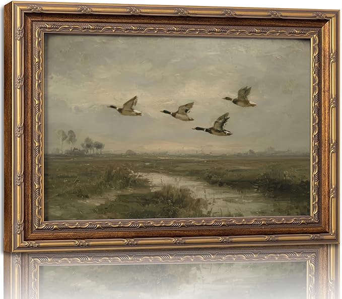 Vintage Gold Framed Flying Duck Wall Art Mallard Duck Canvas Wall Decor Rustic Mallard Poster Artwork Retro Rustic Farmhouse Animal Picture for Home Living Bedroom Farmhouse Hallway 12x16in