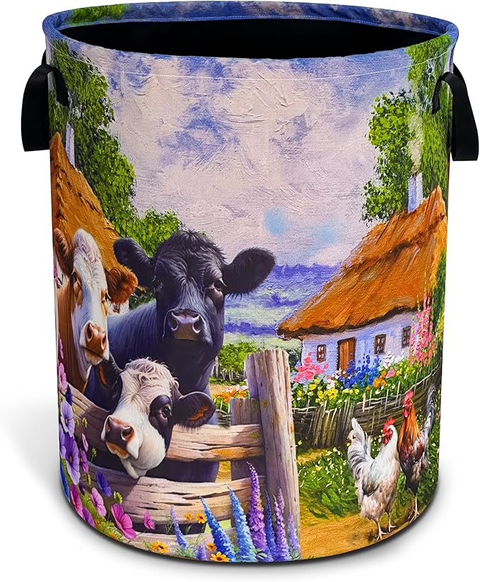 Farm Cow Chicken Laundry Basket Oxford Cloth Beautiful Laundry Hamper With Handle Foldable Portable Clothes Storage Basket 18.9 X 16.5 In Storage Bag For Laundry Room/Bathroom/Bedroom/Dormitories