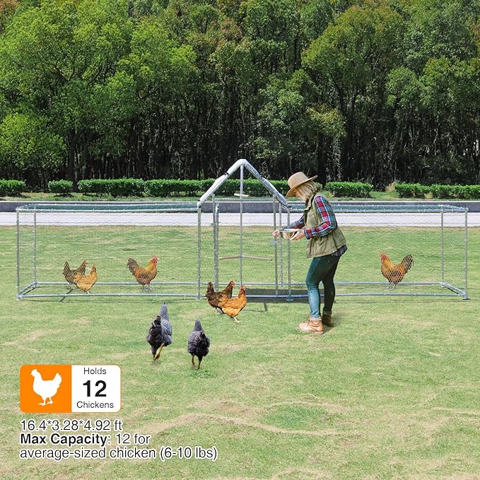 Chicken Coop Large Metal Chicken House/Pen for 15-20 Chickens, Outdoor Walk-in Poultry Cage Spire Shape for Ducks, Rabbits, Dogs Etc, Silver (196.85" L x 39.37" W x 59" H)