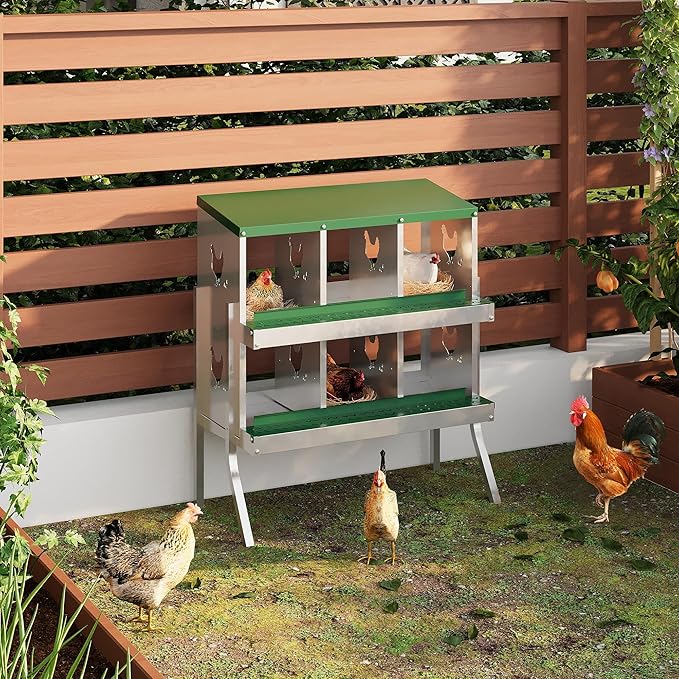 6-Compartment Metal Chicken Nesting Box - with Perch, Secure Lid & Metal Legs, Wall-Mount or Free-Standing Nesting Boxes for Hens