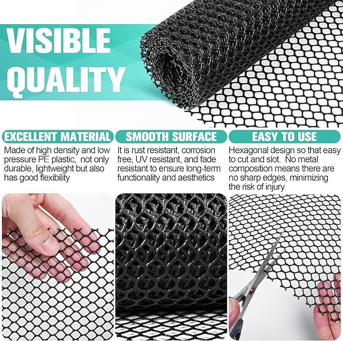 Plastic Mesh Fence Sheet 15.7IN x 50FT - 0.3IN Opening Plastic Chicken Wire Netting Roll Durable for Dogs, Poultry, Puppy, Garden Snake Barrier with 50 Pcs Zip Ties - Black