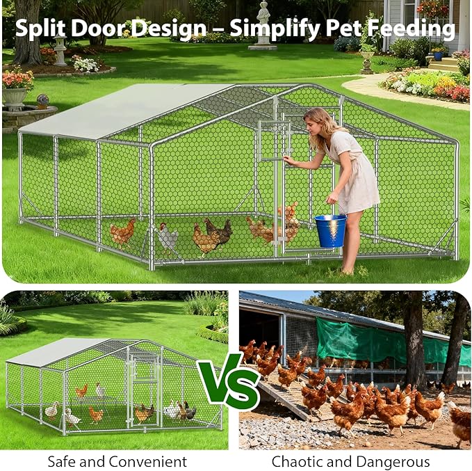 20x10FT Large Metal Chicken Coop, Functional Split Door Chicken Coop Run with Cover & Hardware Cloth,Heavy Duty Chicken Pen with Aluminum Frame, Easy Setup Animal Run for Hen, Duck, Goat