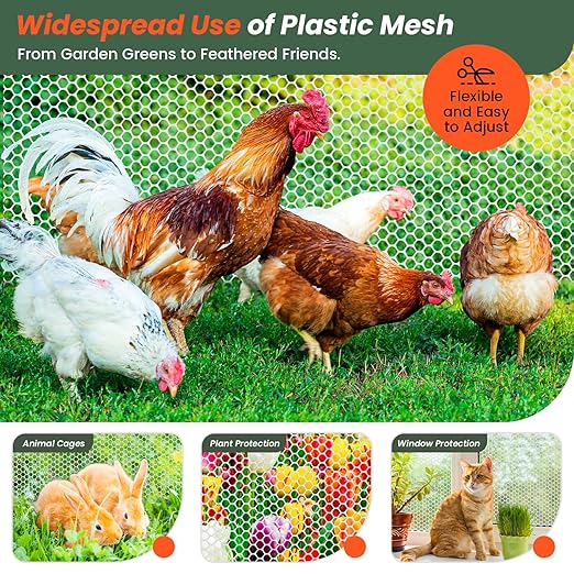 16IN x 50FT Plastic Chicken Wire Mesh, Chicken Wire for Floral Arrangements, Chicken Wire Mesh for Crafts with 100 Pcs Zip Ties, Mesh Fence for Dogs, Deers, Poultry