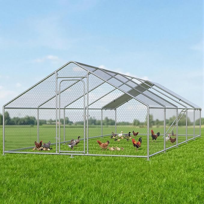 Large Metal Chicken Coop with Roosting Perch, Waterproof and UV Protection Cover, Chicken Run Outdoor Walk-in Cage Chicken Rabbit Duck House, Spire Roof (10'W x 32.8'L x 6.4'H)