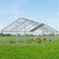 Large Metal Chicken Coop with Roosting Perch, Waterproof and UV Protection Cover, Chicken Run Outdoor Walk-in Cage Chicken Rabbit Duck House, Spire Roof (10'W x 32.8'L x 6.4'H)