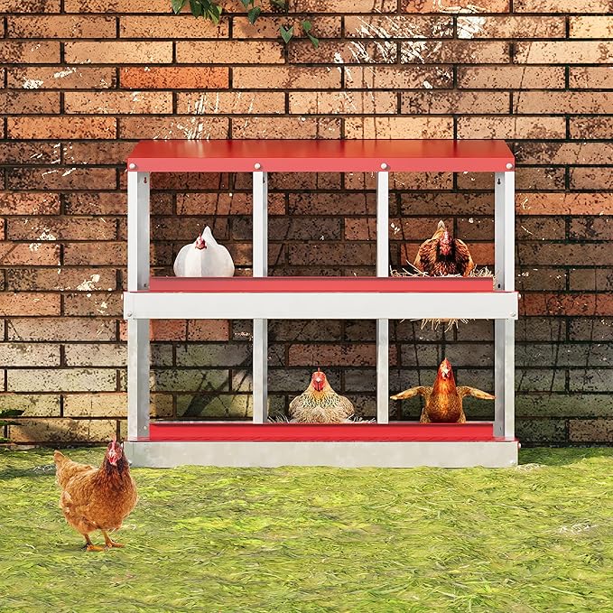 6 Hole Chicken Nesting Box, Galvanized Steel Nesting Boxes with Vented Design, Laying Nesting Boxes for Hens, Wall Mount, Red