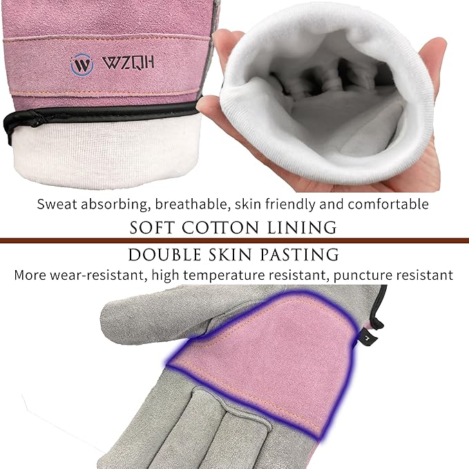 Leather Work Gloves for Men or Women. Medium Glove for Gardening, Tig/Mig Welding, Construction, Chainsaw, Farm, Ranch, etc. Cowhide, Cotton Lined, Utility, Firm Grip, Durable. Pink-Grey M