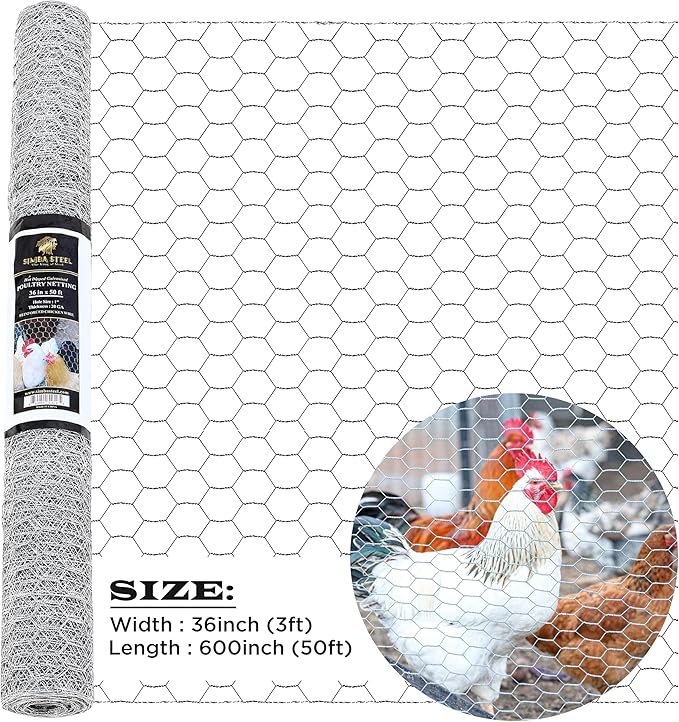 Chicken Wire 36 in x 50 FT x 1” Mesh x 20GA | Poultry Wire Netting | Hot Dipped Galvanised | Hexagonal Galvanized Mesh for Chicken Coop, Rabbit Cage, Fence Barrier