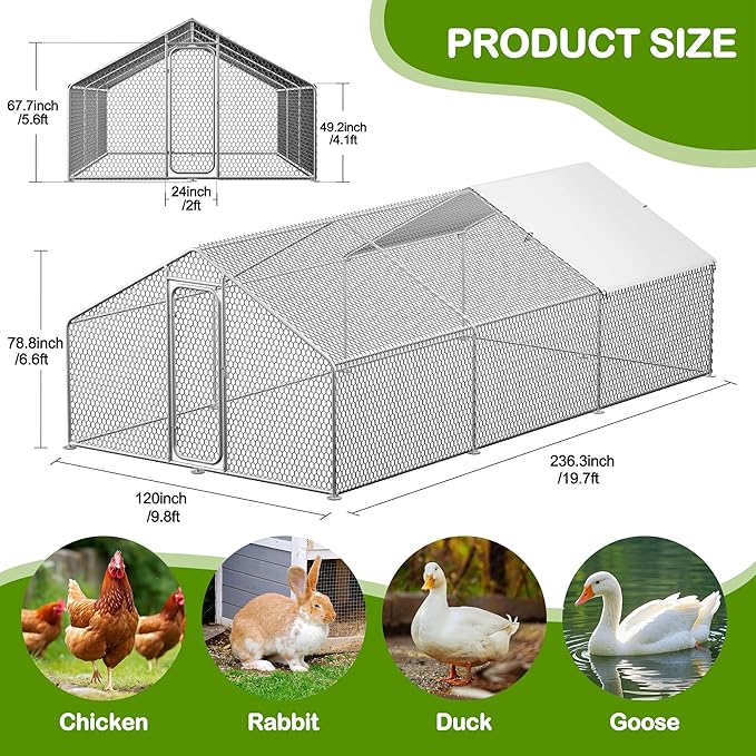 Large Metal Chicken Coop,19.7'L x 9.8'W x 6.6'H Chicken Run,Walk in Chicken Pen with Cover for Yard,Large Poultry Cage for Duck Rabbit