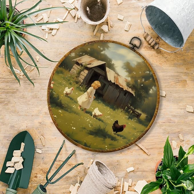 Hiuwevt Vintage Farmhouse Round Wall Art Decor, Cottagecore Country Framed Canvas Prints, Rustic Chicken Round Wall Hanging Decor for Kitchen Home Bedroom Decorations, 10x10 Inches
