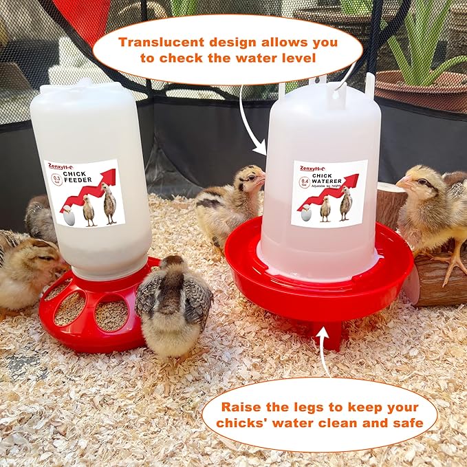 2-in-1 Chick Starter Set: 0.3 Gal Feeder & 0.4 Gal Waterer with Adjustable Legs for Baby Chicks, Hanging Hooks, Anti-Drown Design - BPA-Free Plastic (Red)