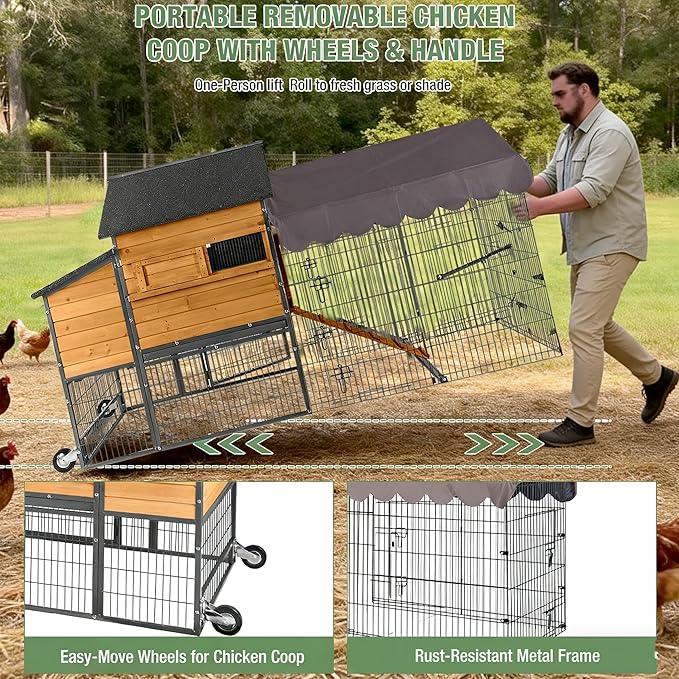GUTINNEEN 85.6" Large Chicken Coop with Run for 6-8 Chickens, Heavy Duty Chicken Tractor with Wheels, Wooden Chicken House with Reinforced Steel Frame, Nesting Box & Pull-Out Metal Tray